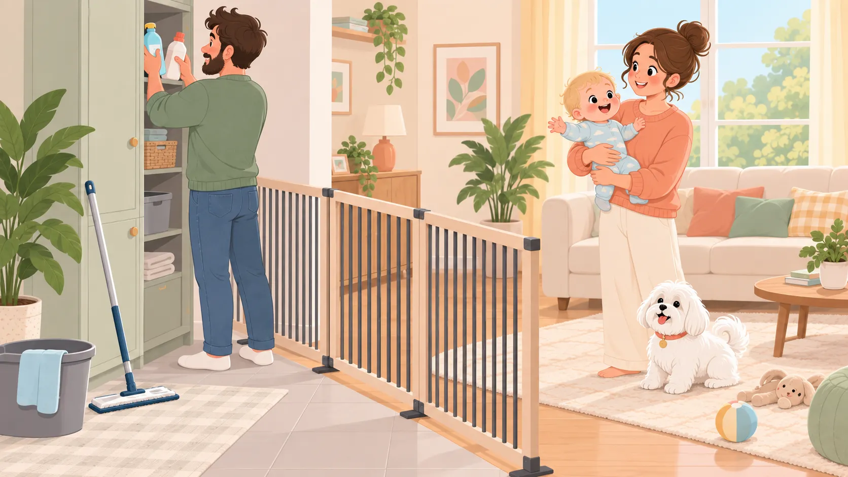 Illustration of cleaning supplies being stored in a high cupboard while a parent and baby remain outside the work area.