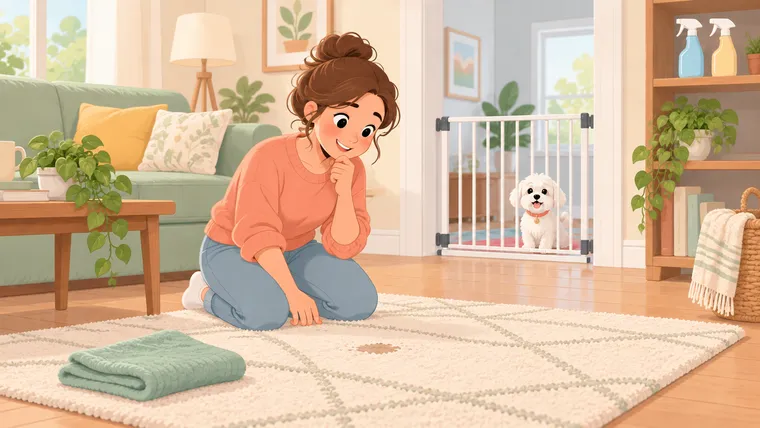 Illustration of an adult assessing a carpet spot, with cleaning supplies on a high shelf and a dog behind a gate.