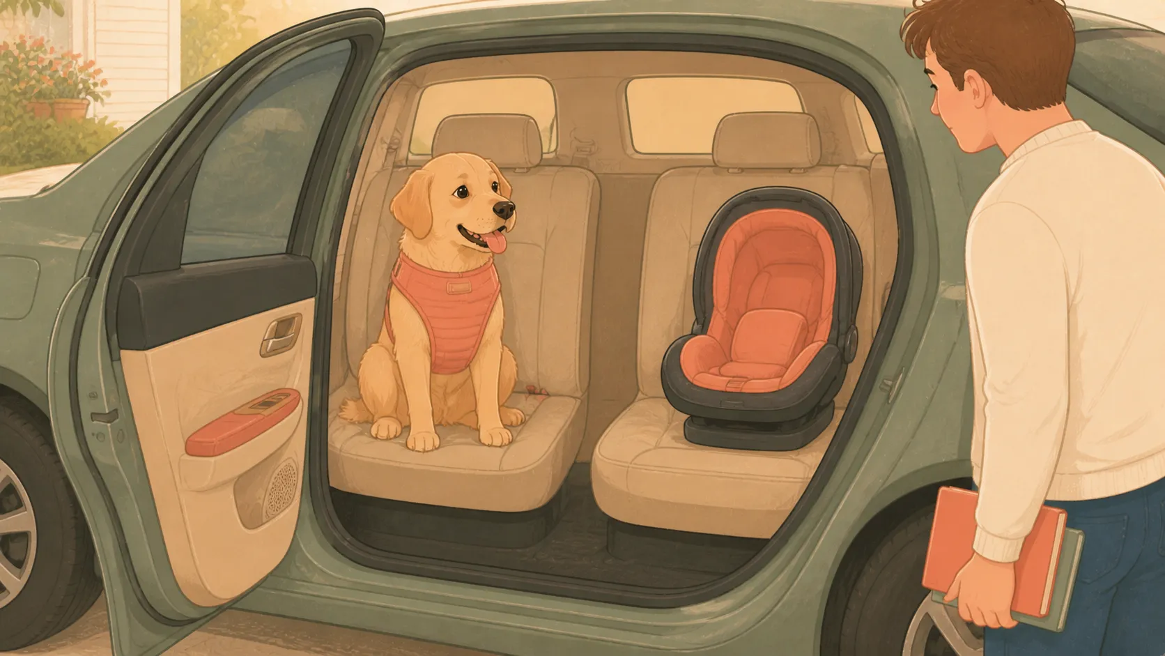 Non-instructional layout illustration: open car door showing a medium dog wearing a padded vest harness in one rear-seat zone and an empty rear-facing infant seat in another, with all routing and buckle details intentionally omitted