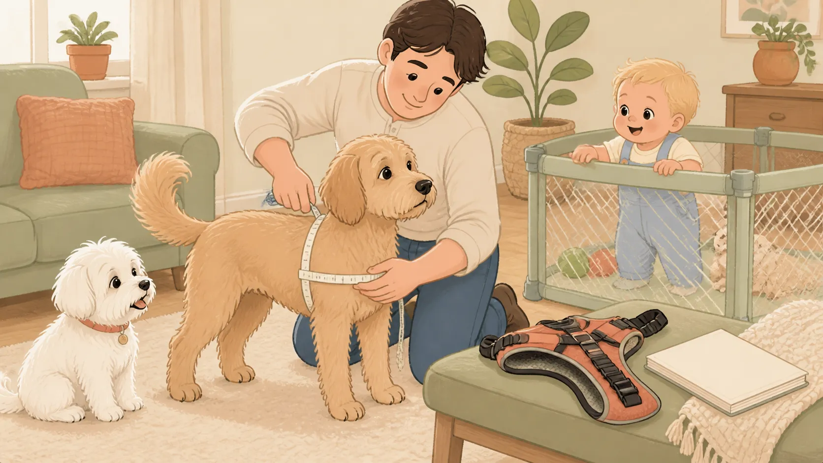 Illustration: parent measuring a medium dog around the widest part of the rib cage with a soft tape while the harness and instruction sheet sit nearby, baby safely in a playpen
