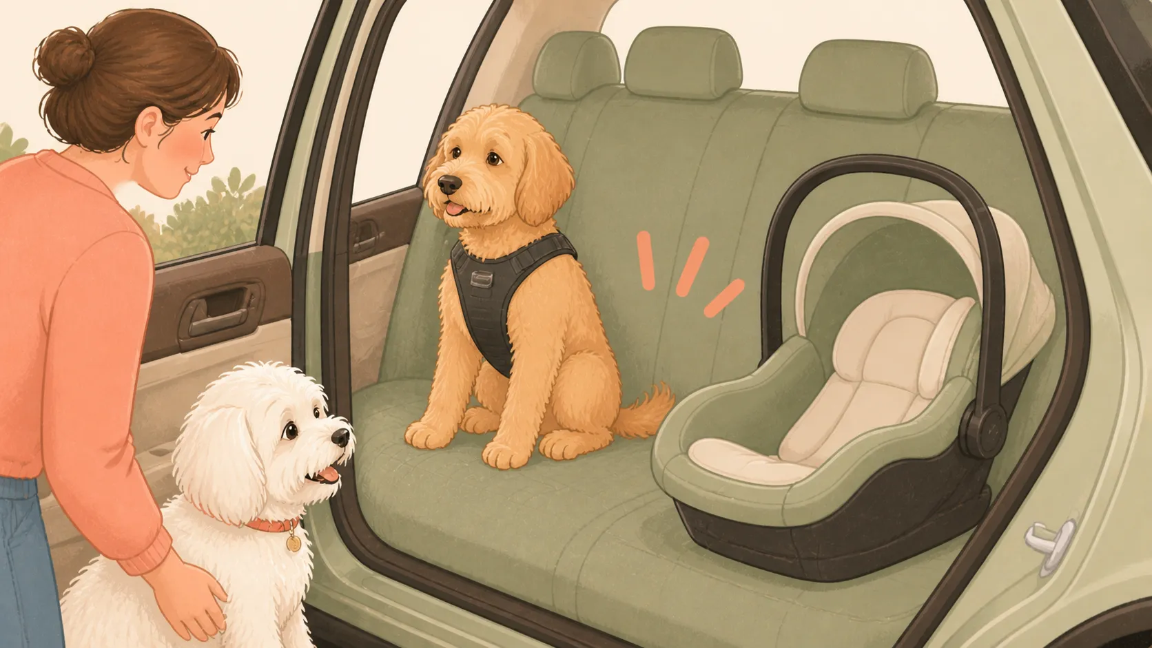 Non-instructional editorial illustration of a medium dog wearing a padded harness in its own rear-seat zone beside an empty rear-facing infant car seat, with installation hardware intentionally omitted