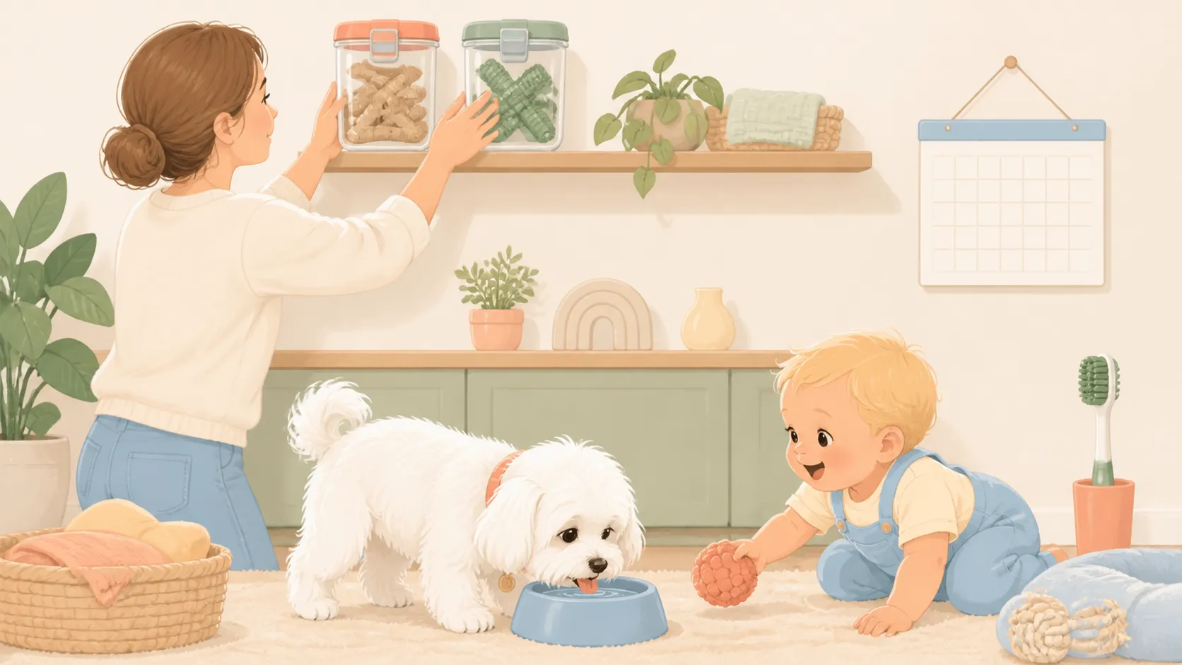Illustration of both dental chews stored in closed containers above the shared floor, with a dog toothbrush nearby
