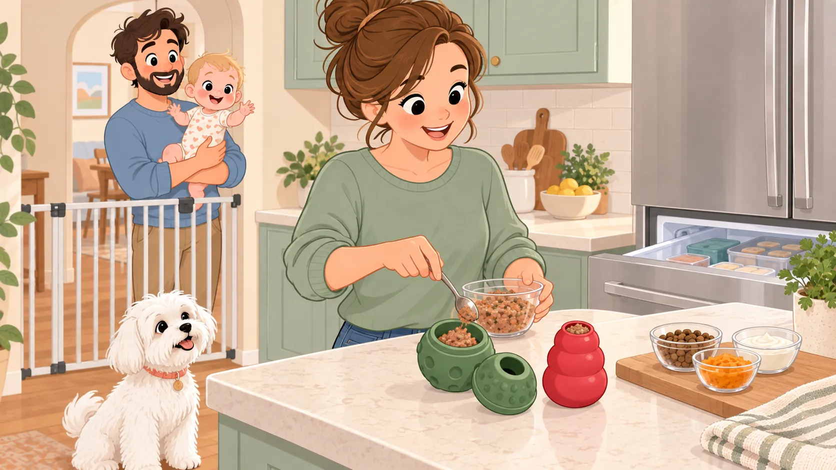 A parent measures food into frozen portions and a hollow red toy while the baby stays behind a gate