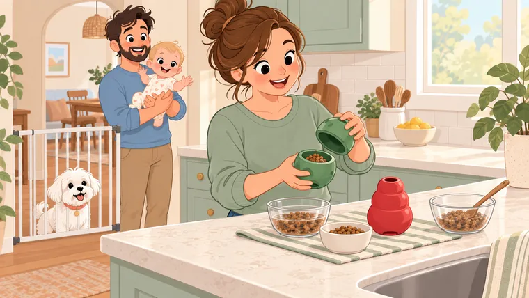 Illustration of a parent preparing a green screw-apart enrichment toy and a red tapered rubber toy while the dog and baby stay separated